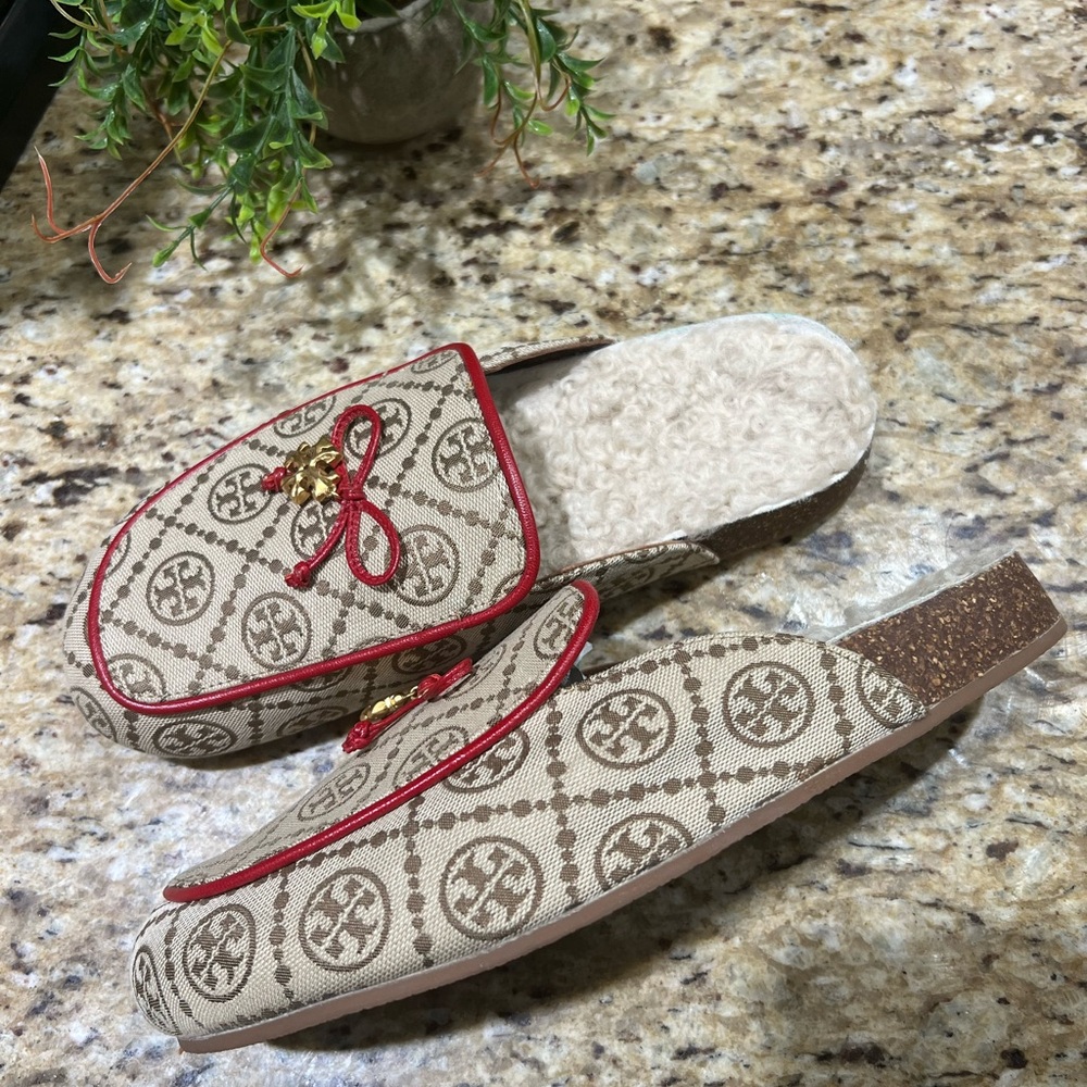 TORY BURCH T Monogram Tory Charm Shearling Mule Hazel /Tory Red / Buttermilk 9.5